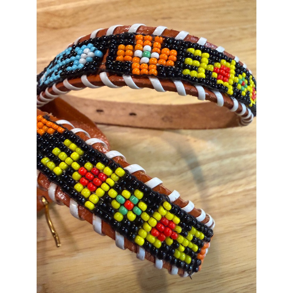 Vintage Southwestern Seed Bead Leather Belt Boho‎ Western Geometric Brown 30